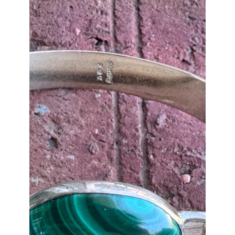 Sterling Silver Malachite Oval Bracelet 925 Vintage - Picture 3 of 7